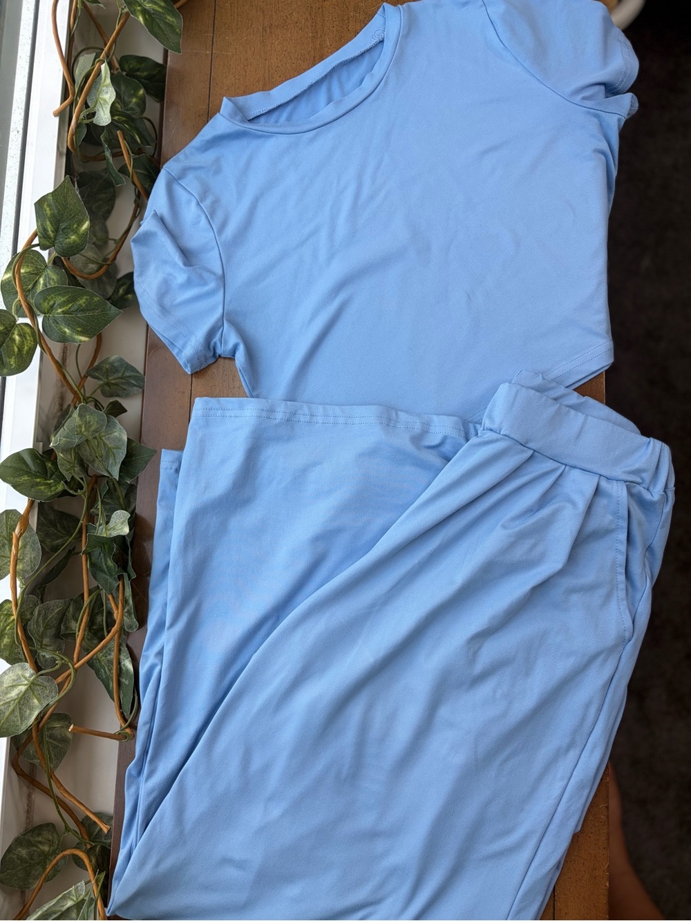 Blue Lounge Set Matching Crop Top Wide Leg Pants Soft Comfy Athleisure Travel